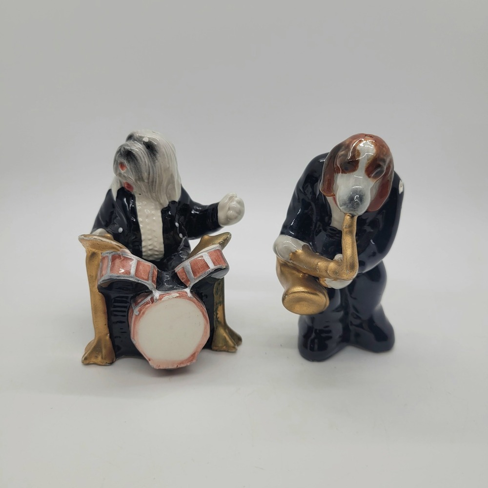 Vintage C.I. Dog Musician Salt and Pepper Shakers Jazz Drummer Saxophone Set